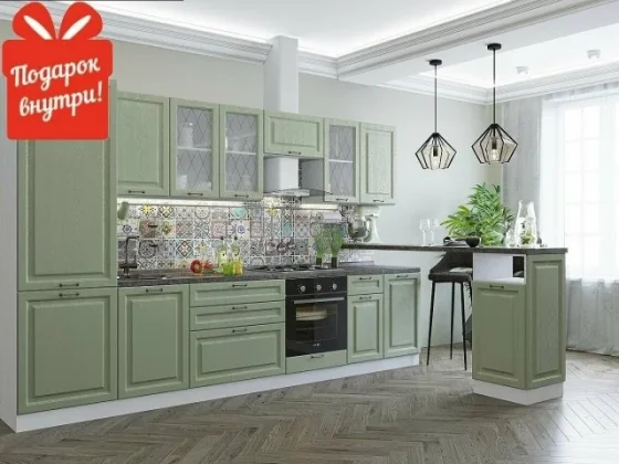 Готовый кухонный гарнитур кухня 3,3 метра Ницца-02 со столешницей 2140*3300*600 Дуб оливковый